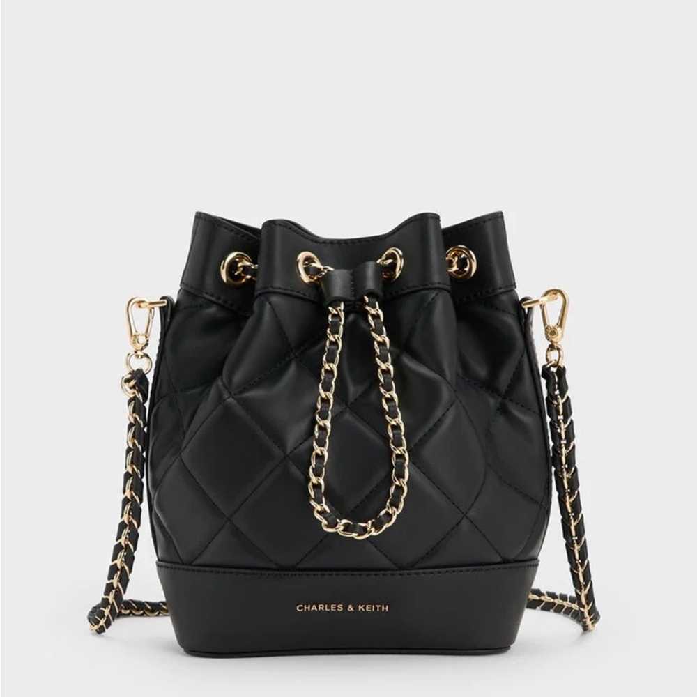Charles & Keith Black Quilted Crossbody Bag with Gold Chain